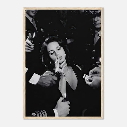 Lana Del Ray Smoking framed print in black and white, featuring iconic Hollywood charm and vintage sophistication.