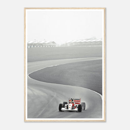 1988 Ayrton Senna driving McLaren MP4/4 on racetrack, framed black and white photography print.