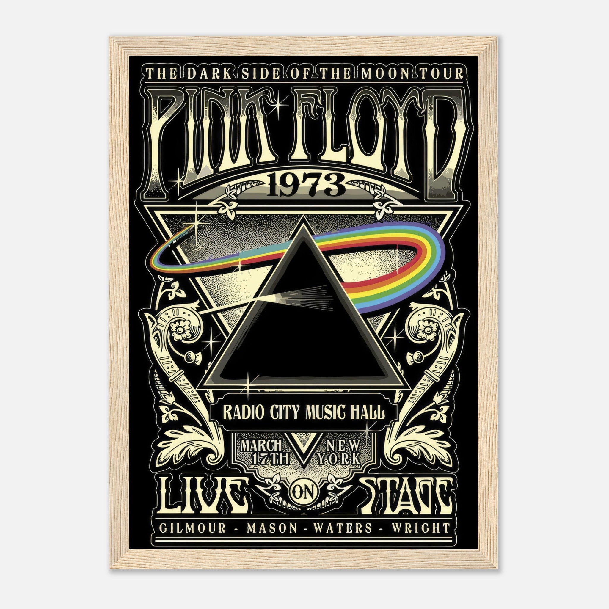 Framed print of Pink Floyd's 1973 Dark Side of the Moon tour poster featuring iconic prism graphic.