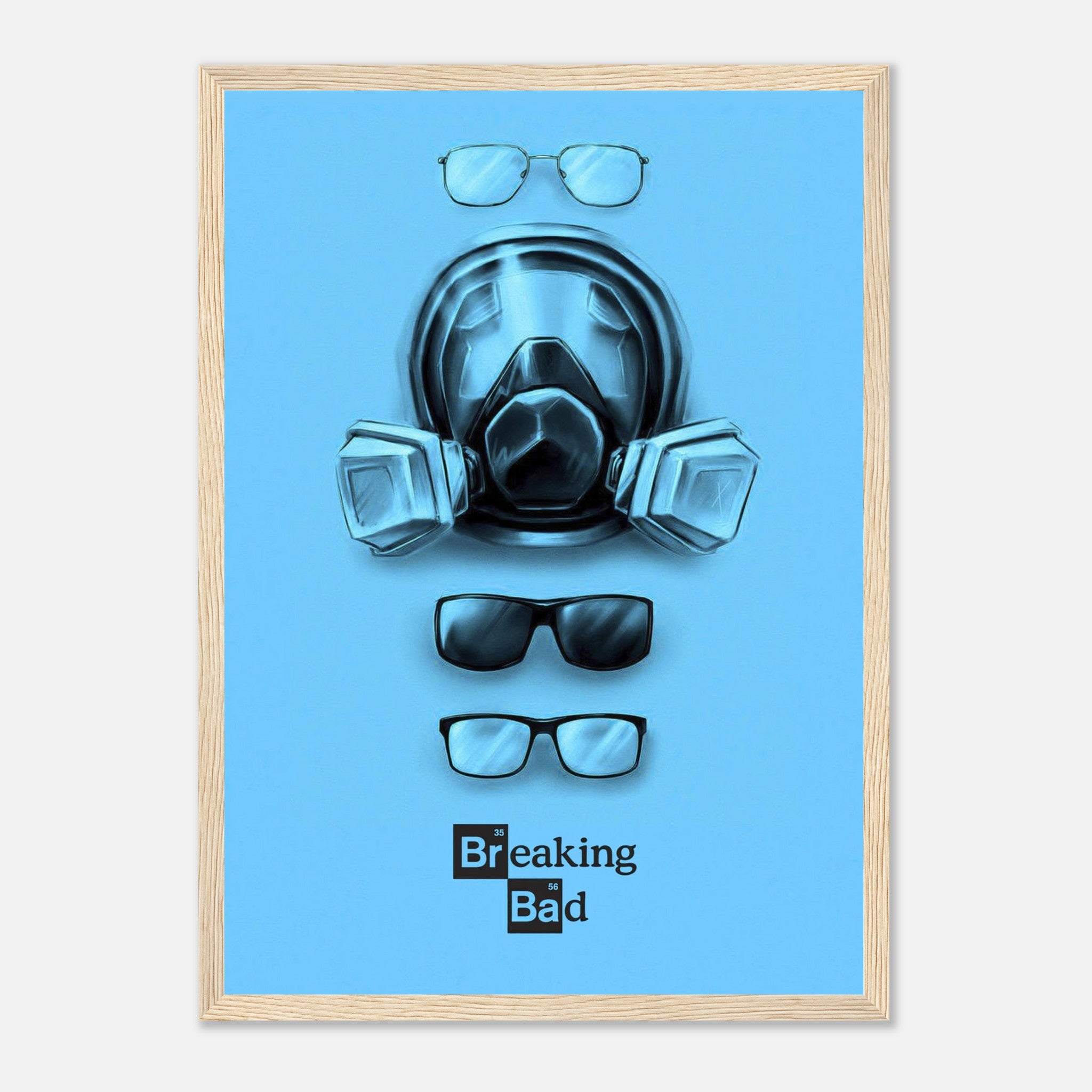 Minimalist Breaking Bad framed print featuring gas mask and glasses on bold blue background.