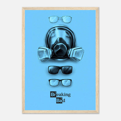 Minimalist Breaking Bad framed print featuring gas mask and glasses on bold blue background.