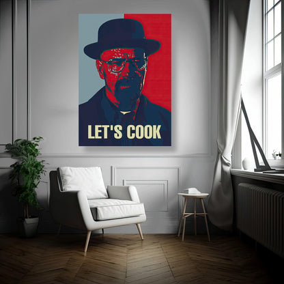 Heisenberg Let's Cook metal poster in a modern living room with stylish decor and vibrant pop art design.