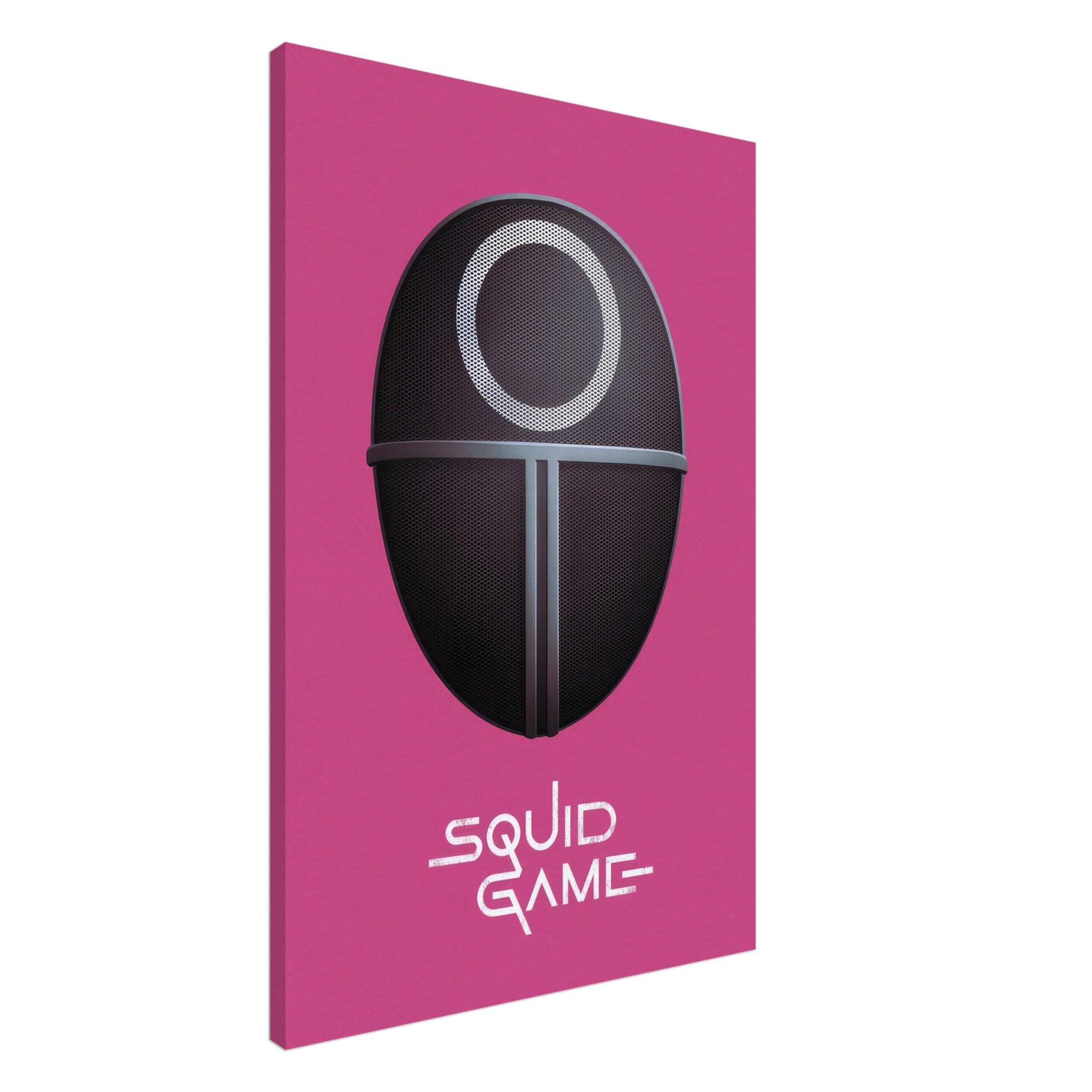 Squid Game Guard Mask Canvas Print with high-resolution design on a bold pink background, perfect for fans of the series.