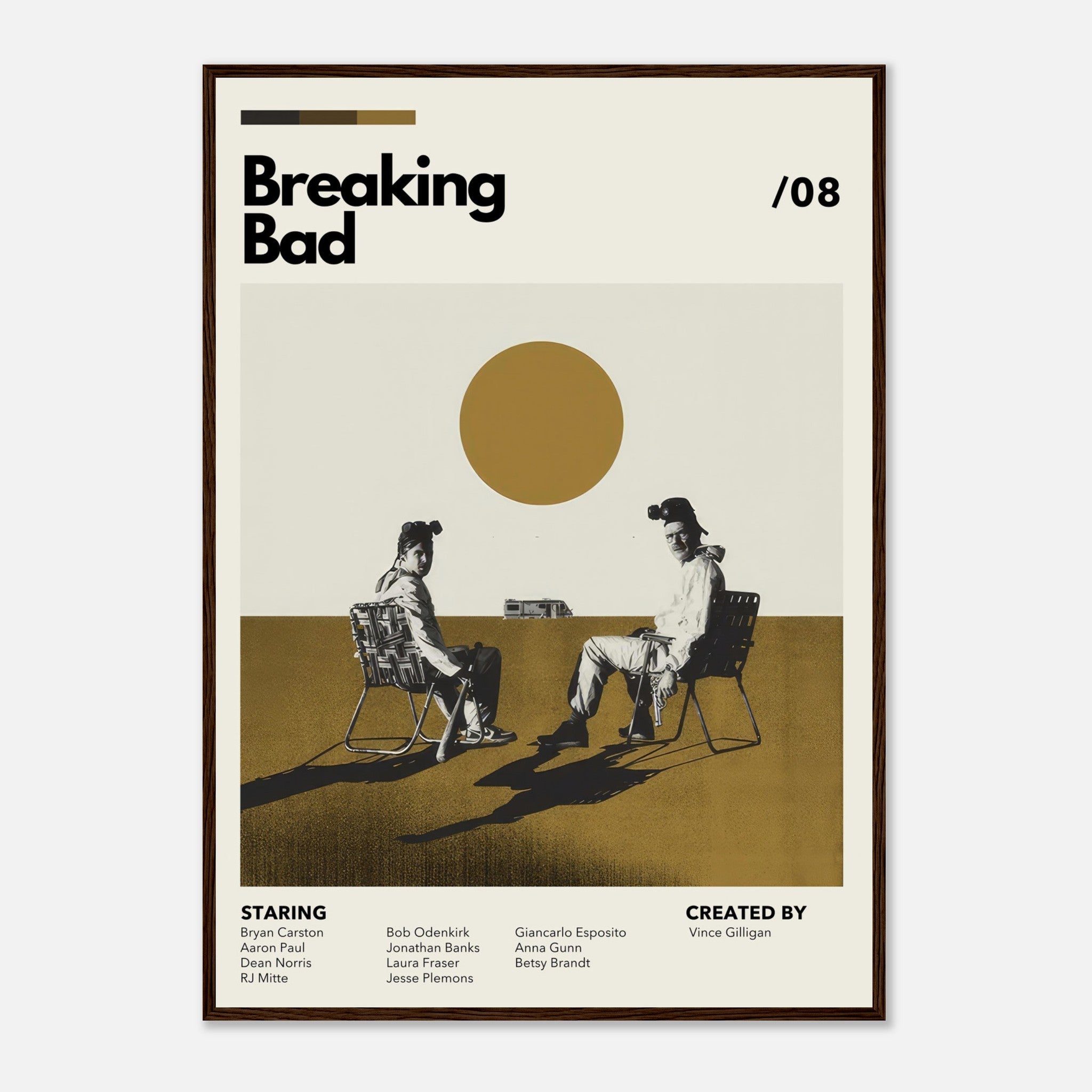 Vintage Breaking Bad framed print featuring Walter White and Jesse Pinkman in a minimalist design with earthy tones and a sun motif.