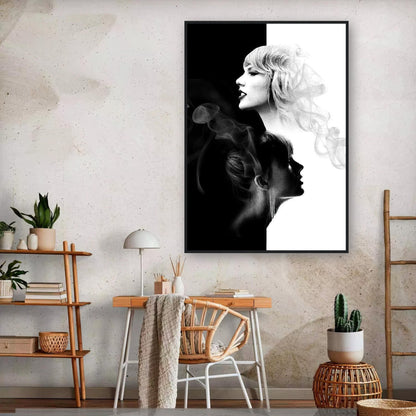 Taylor Swift black and white framed print showcasing dual portrait design in modern decor setting.