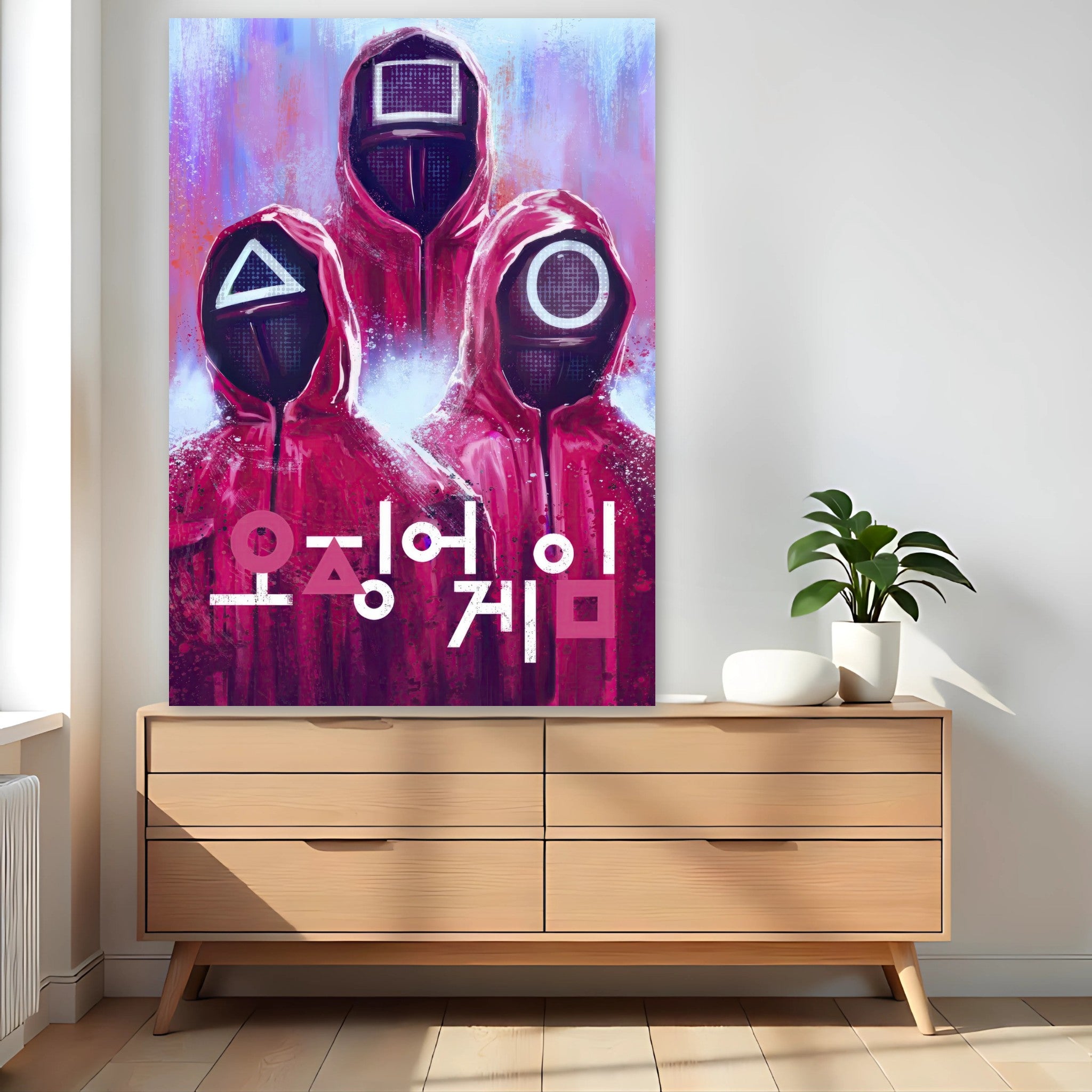 Squid Game poster featuring iconic guards in red suits and geometric masks, vibrant colors and Korean text for fans of the series.