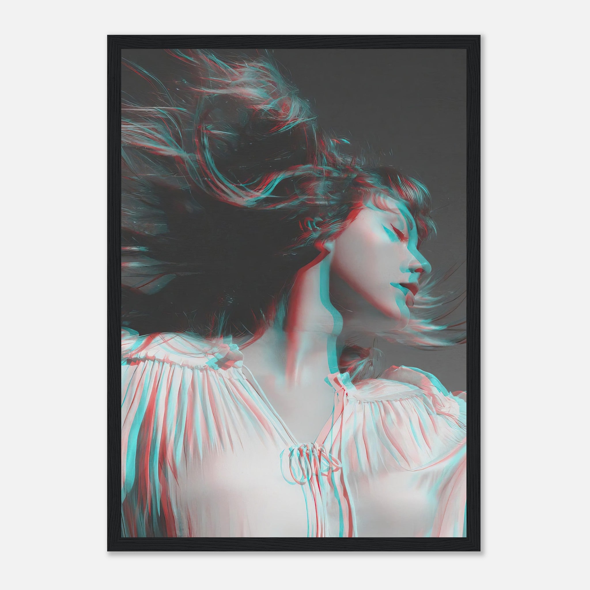 Framed print of a black and white portrait of a woman with flowing hair and 3D effects, adding elegance and modern style to any space.