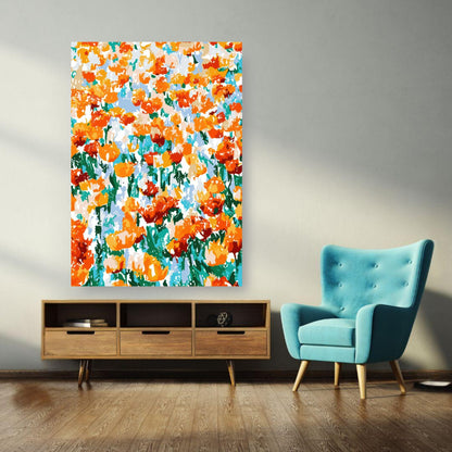 Vibrant abstract floral tulip garden poster in living room, featuring bold orange and green colors.