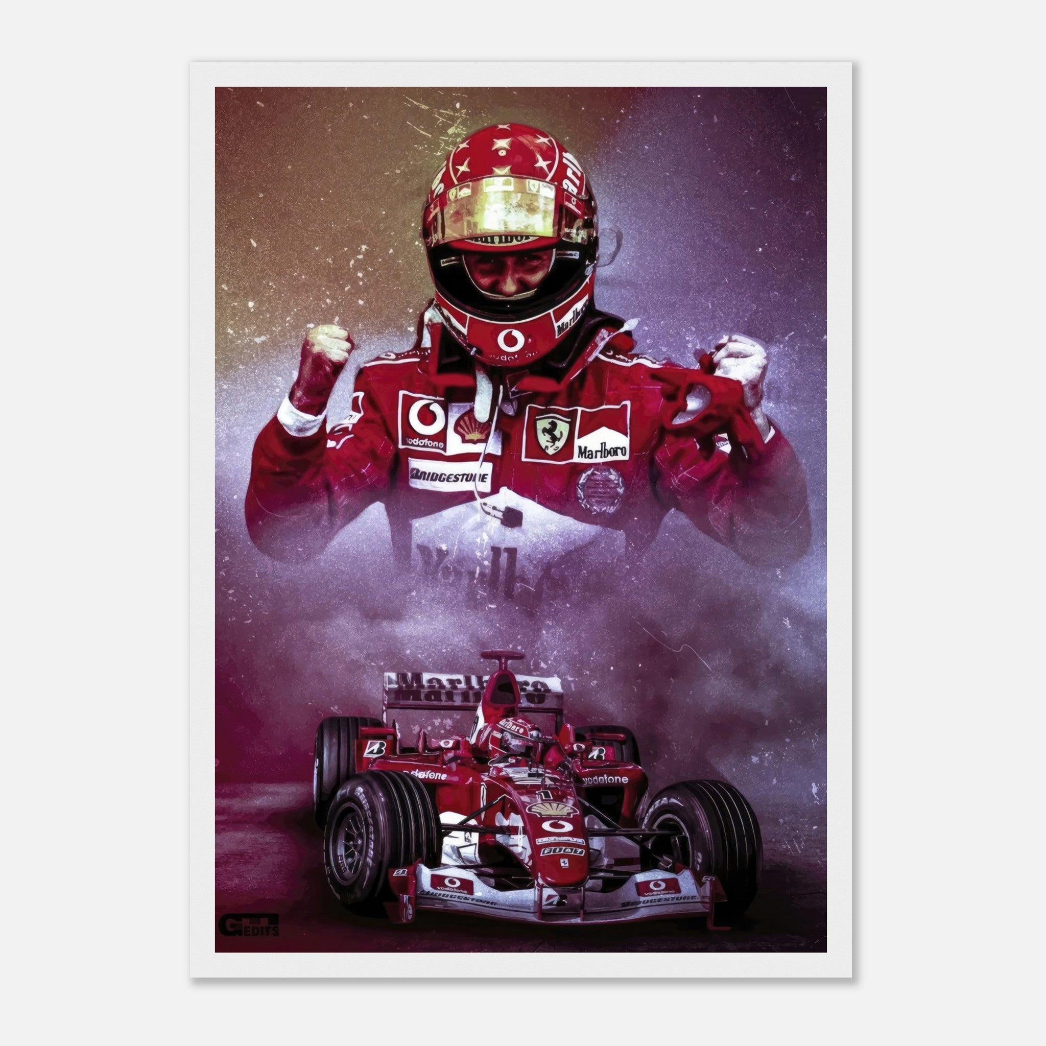 Michael Schumacher framed print showcasing his iconic Ferrari F1 moments with vibrant colors and dynamic imagery.