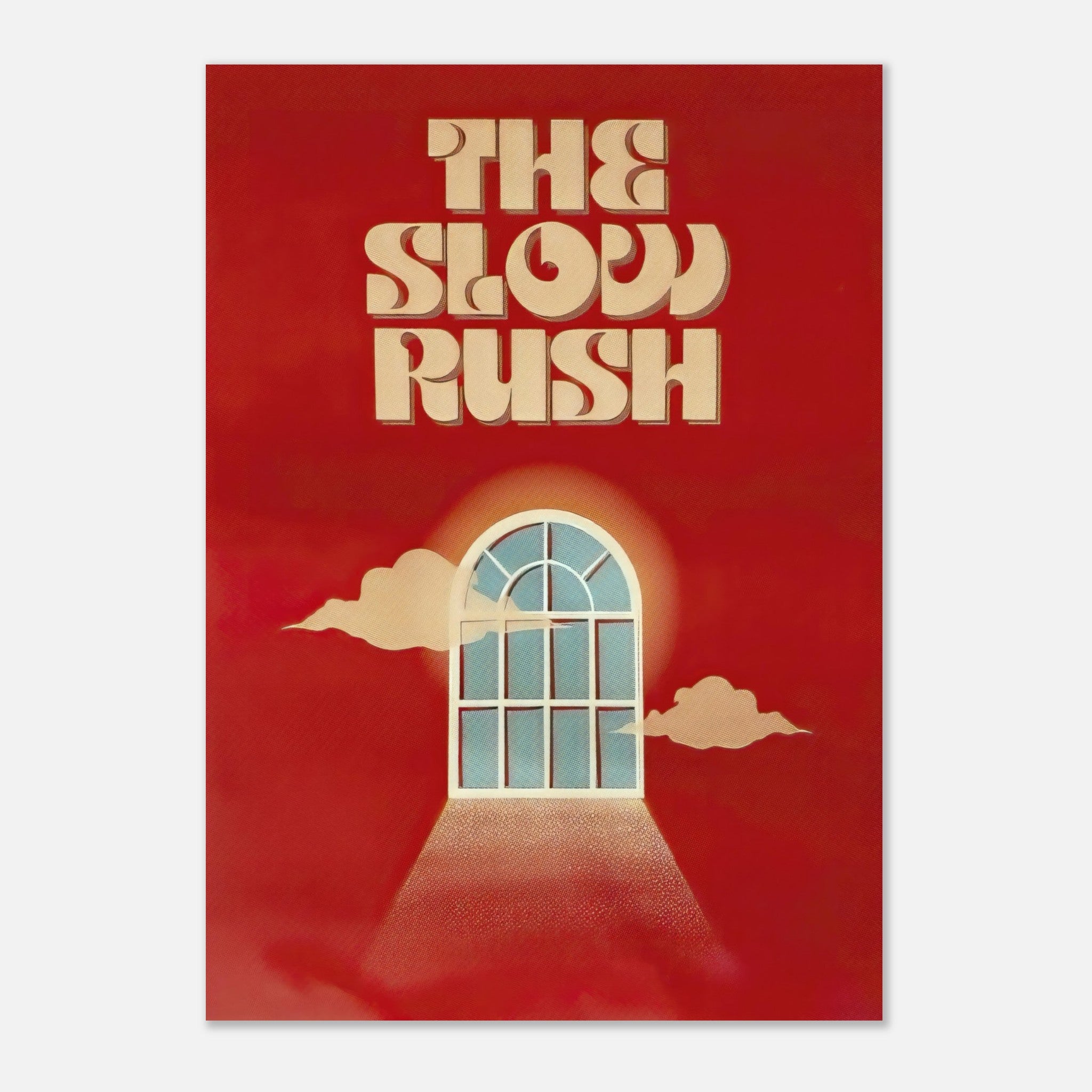 The Slow Rush poster featuring vibrant red background, dreamy clouds, and vintage typography, inspired by Tame Impala's album.