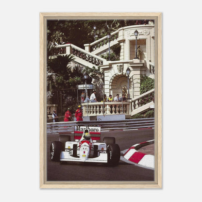 Ayrton Senna in a McLaren racing car on the streets of Monaco, framed canvas print for motorsport enthusiasts.