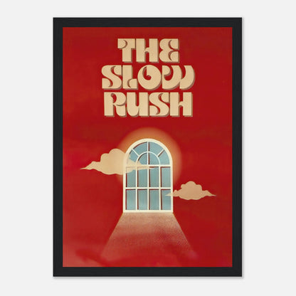 Framed print of "The Slow Rush" with retro typography and dreamy window design on a rich red background.