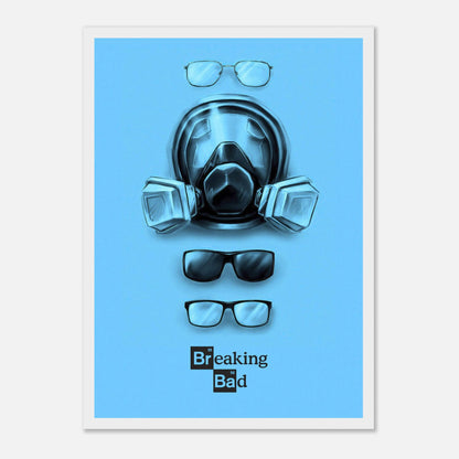 Minimalist Breaking Bad poster featuring Walter White's gas mask and glasses on a bold blue background.