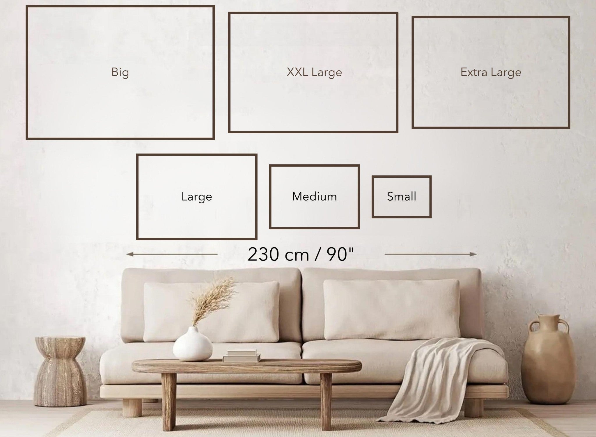 Sofa in a modern living room with framed print sizes labeled on the wall, showcasing decor styling options.