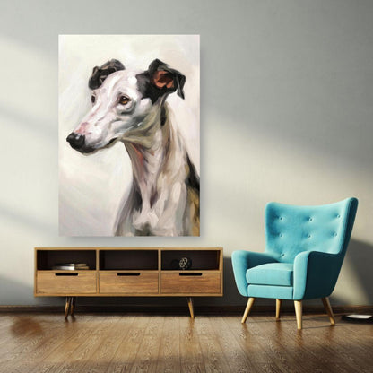 Greyhound dog painting poster displayed in a stylish living room, showcasing its elegance and artistic detail.