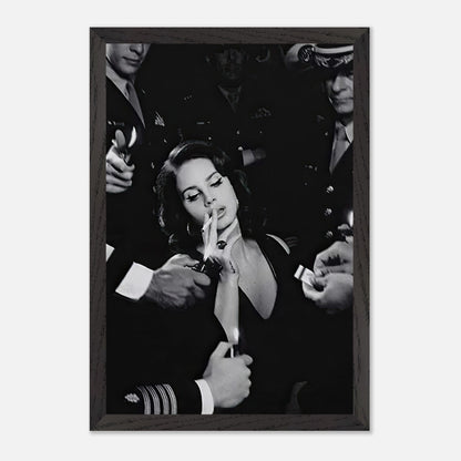 Lana Del Ray framed black-and-white print, showcasing vintage elegance and a sultry smoking pose.