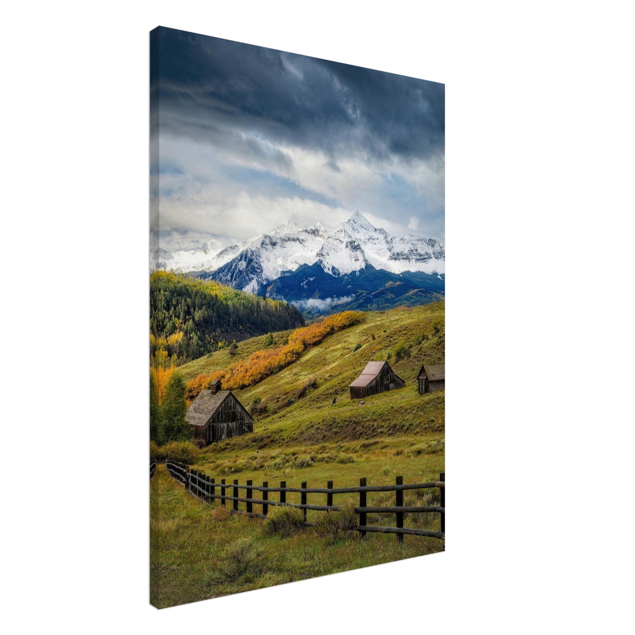 "Scenic Telluride, Colorado canvas featuring rustic cabins and snow-capped peaks with vibrant autumn foliage."