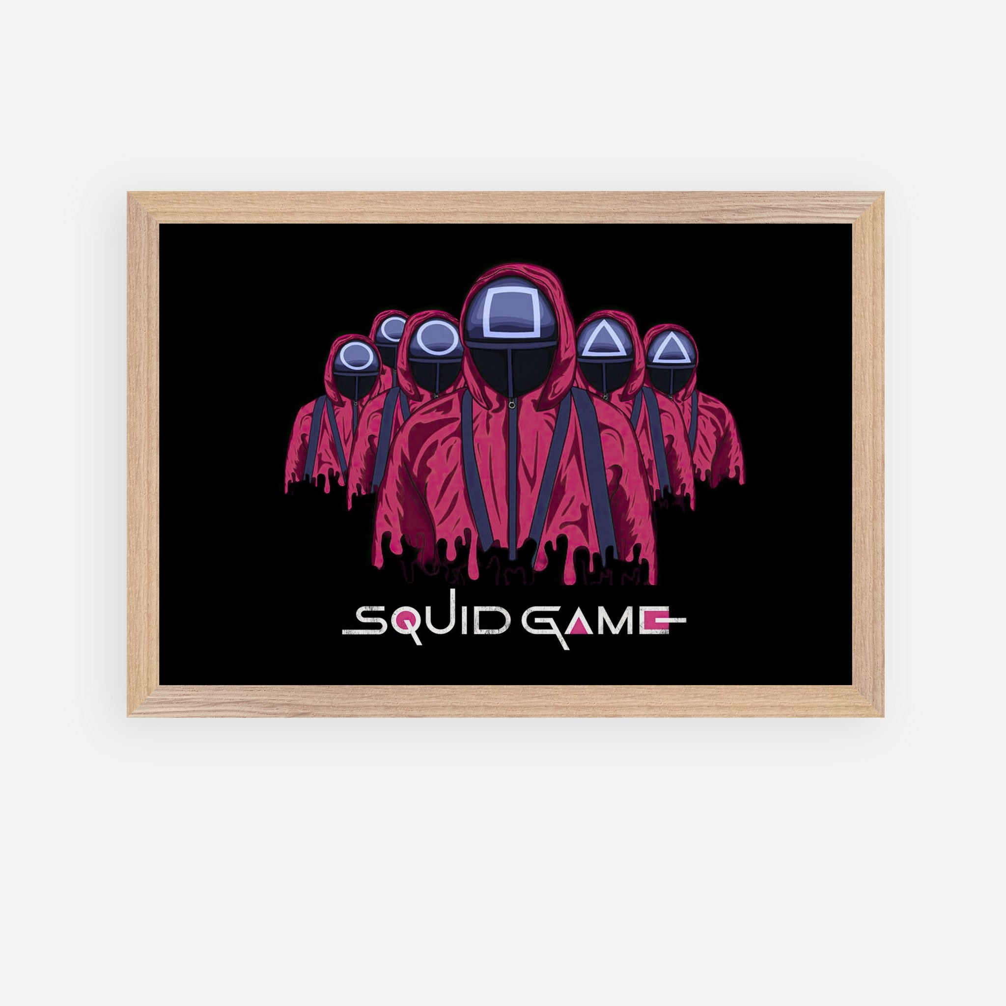 Squid Game Soldiers fine art print featuring iconic masked guards in red uniforms with a bold black background.