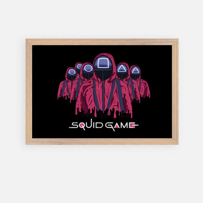 Squid Game Soldiers fine art print featuring iconic masked guards in red uniforms with a bold black background.