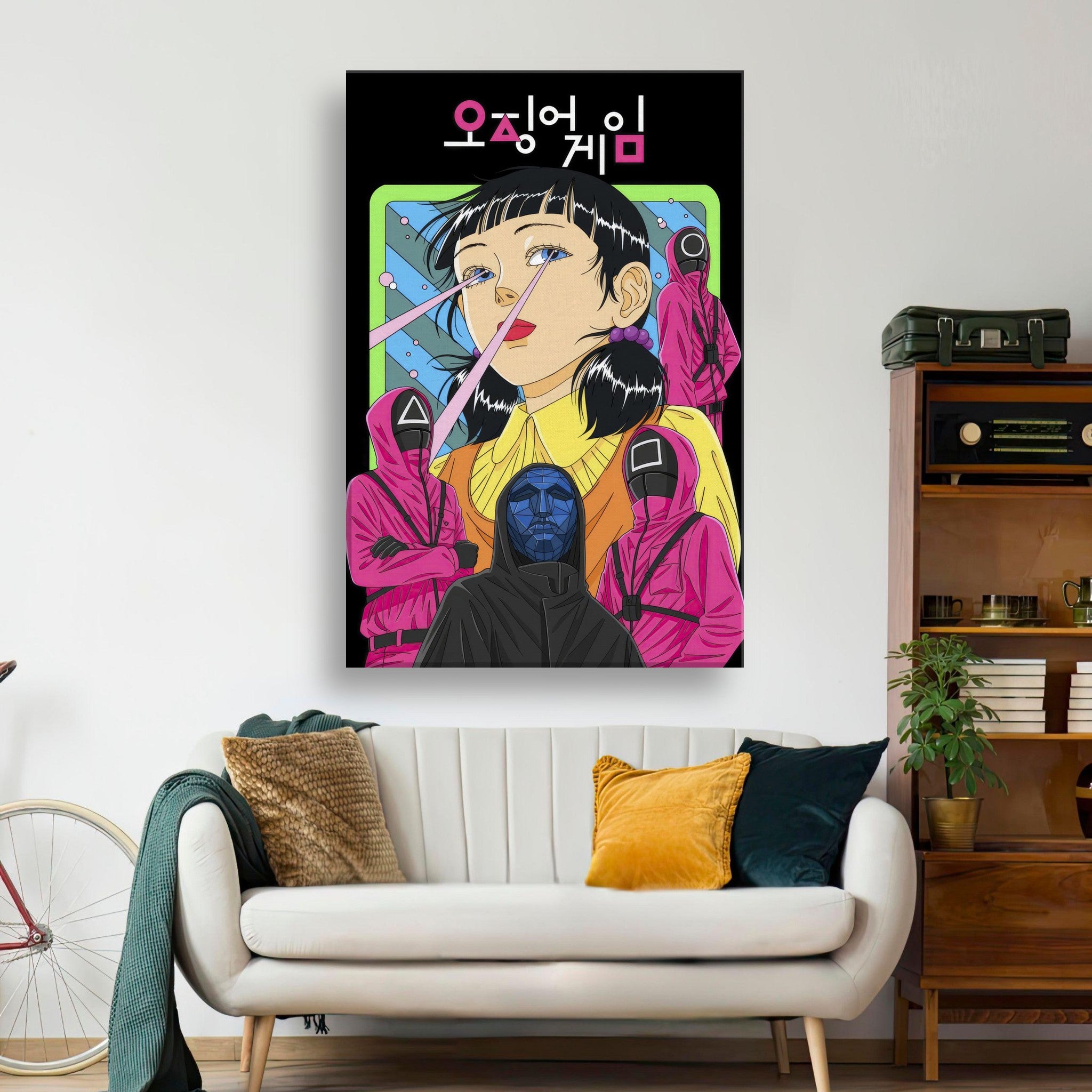 Squid Game Netflix canvas art featuring iconic characters and vibrant colors, perfect for any fan's space.