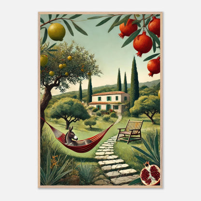 Mediterranean rural landscape art print featuring a donkey in a hammock, cypress trees, and pomegranate trees.