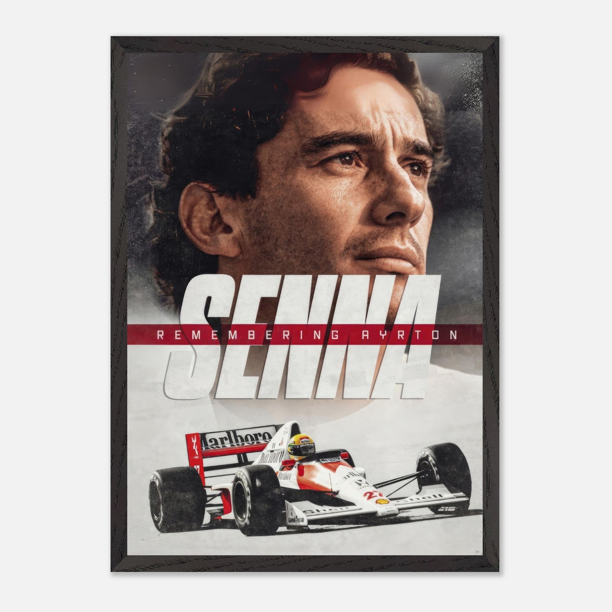 Fine art print of Ayrton Senna featuring his portrait and racing car, commemorating the legendary Formula 1 driver.