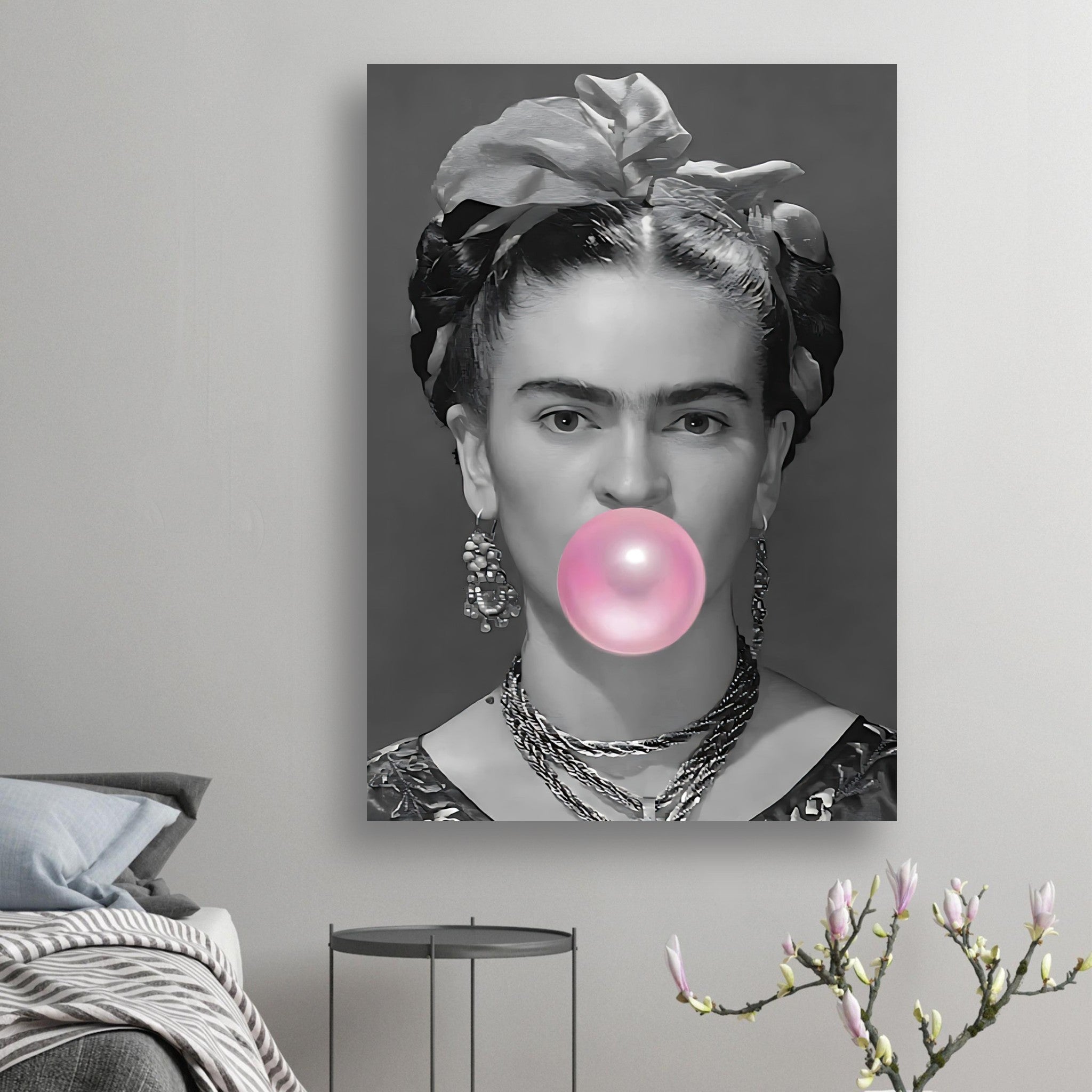 Frida Kahlo Bubble Gum Poster in black and white, featuring the artist blowing a pink bubble gum bubble, modern wall art.