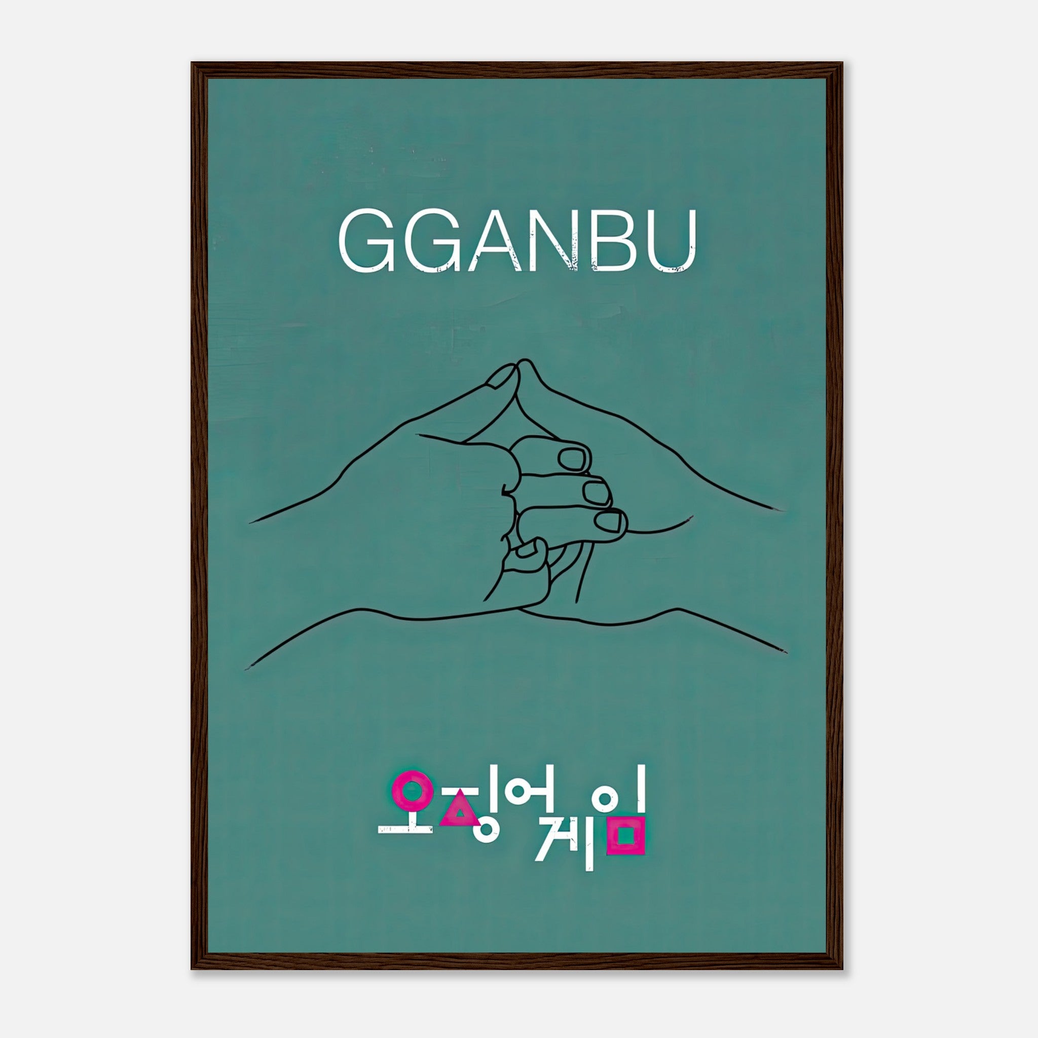 GGANBU Squid Game framed print featuring minimalist art of the iconic handshake on a teal background.