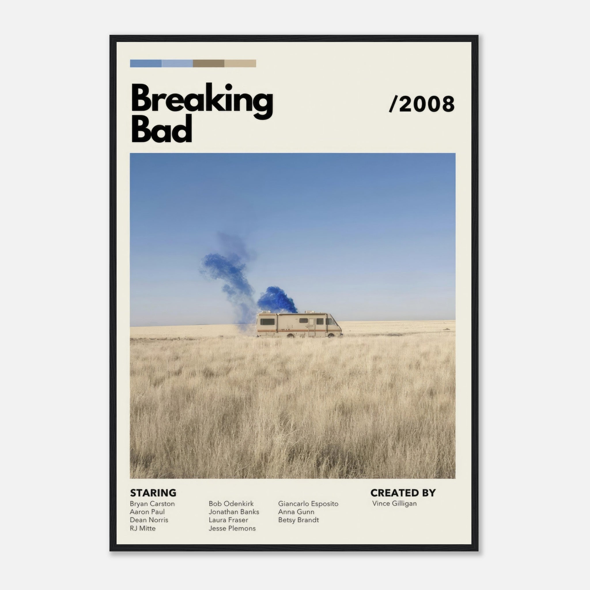 Framed print of Breaking Bad's iconic RV scene in the desert, featuring blue smoke and minimalist design.