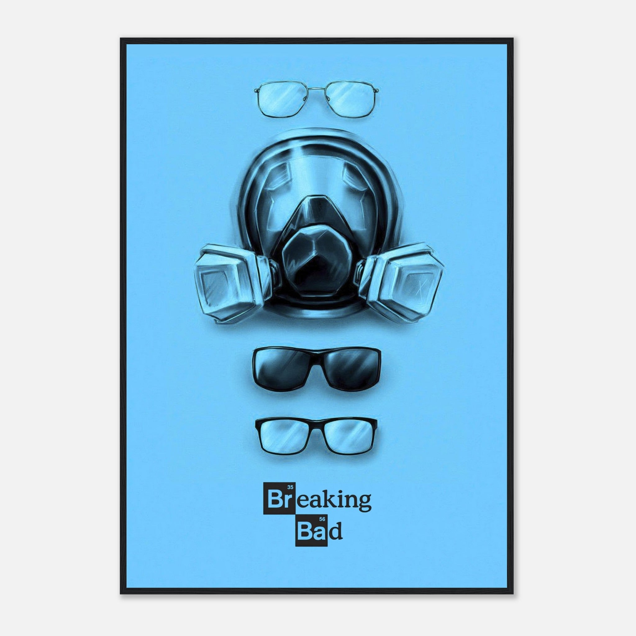 Minimalist Breaking Bad poster featuring Walter White's gas mask and glasses against a bold blue background.