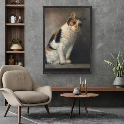 Realistic cat portrait painting displayed in a modern living room with stylish furniture and decor.