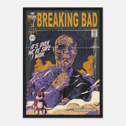 Gustavo Fring framed poster from Breaking Bad, vintage comic-style artwork with bold colors and retro aesthetics.