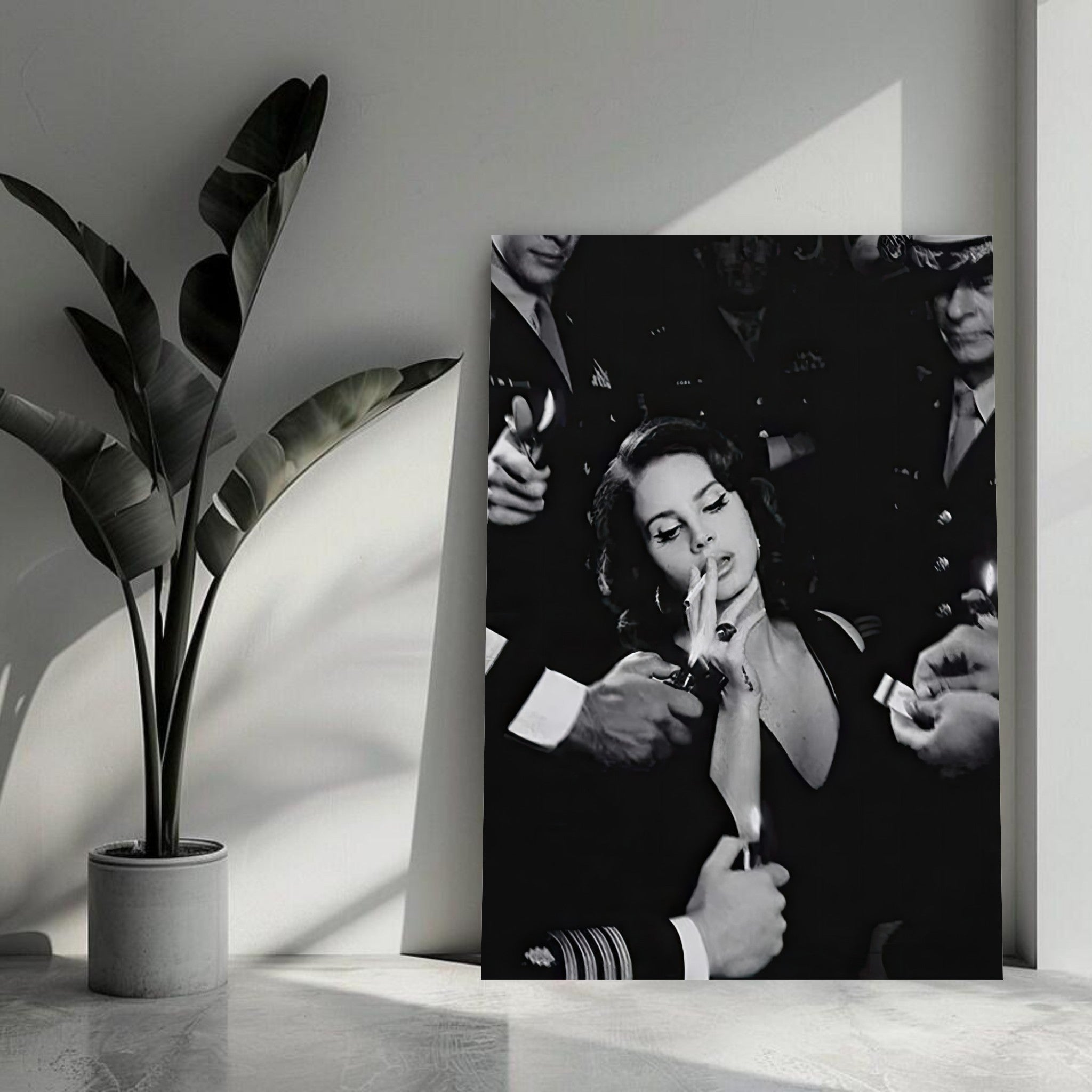 Black-and-white metal print of Lana Del Rey smoking, adding a cinematic flair to modern home decor.