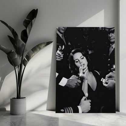 Black-and-white metal print of Lana Del Rey smoking, adding a cinematic flair to modern home decor.