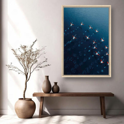 Framed canvas print of flamingos flying over deep blue waters, enhancing interior decor with nature's beauty.