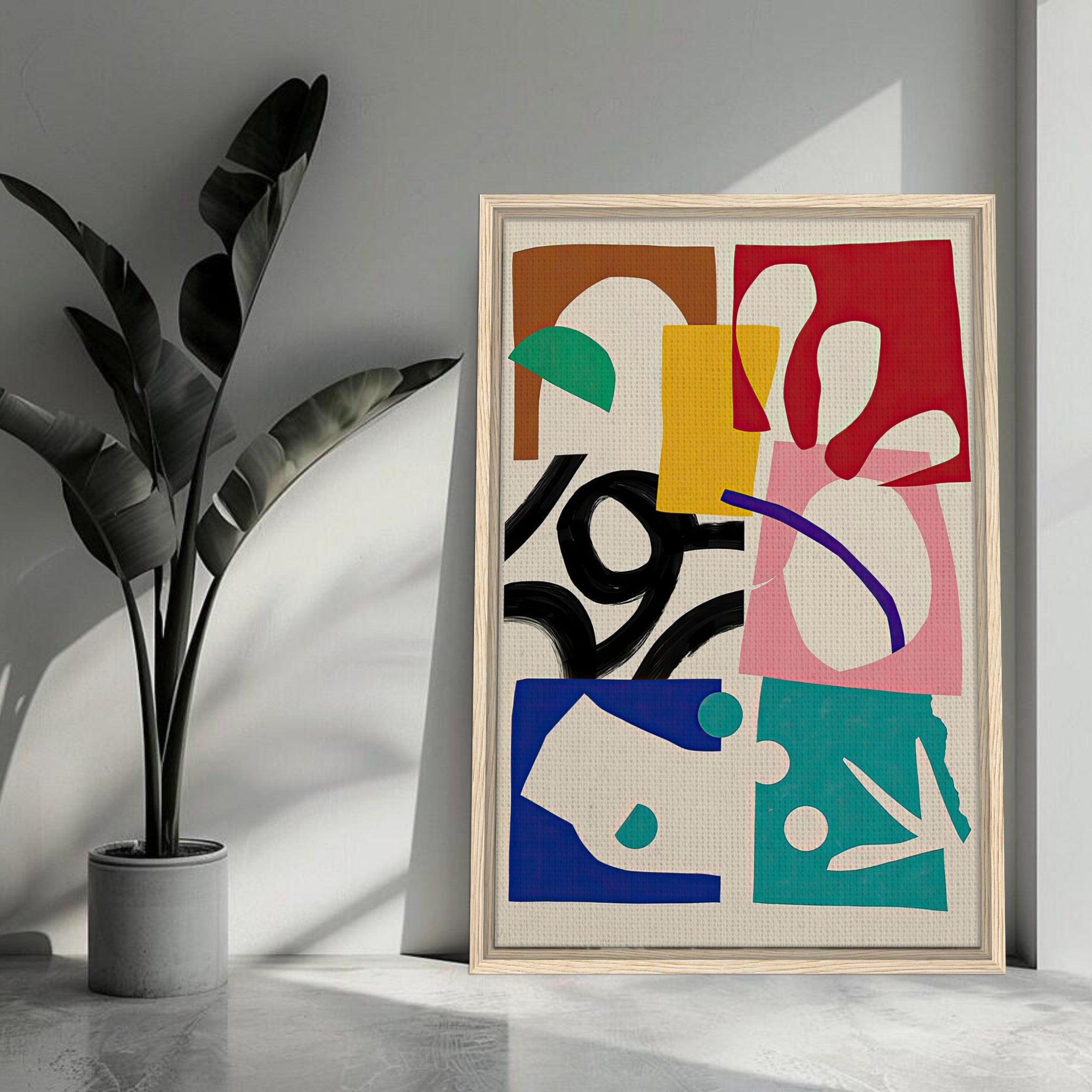 Colorful Abstract Harmony Framed Canvas Print featuring bold shapes and expressive brushstrokes.