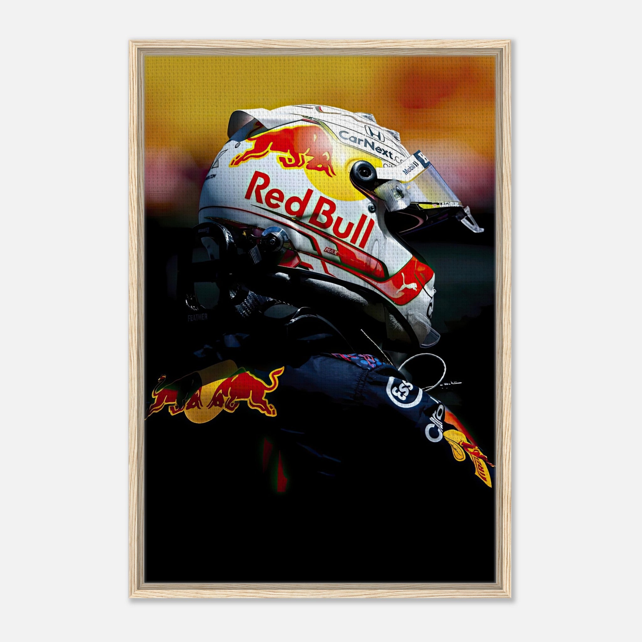 Framed canvas print of Max Verstappen in Red Bull helmet, showcasing high-resolution detail and vibrant colors.