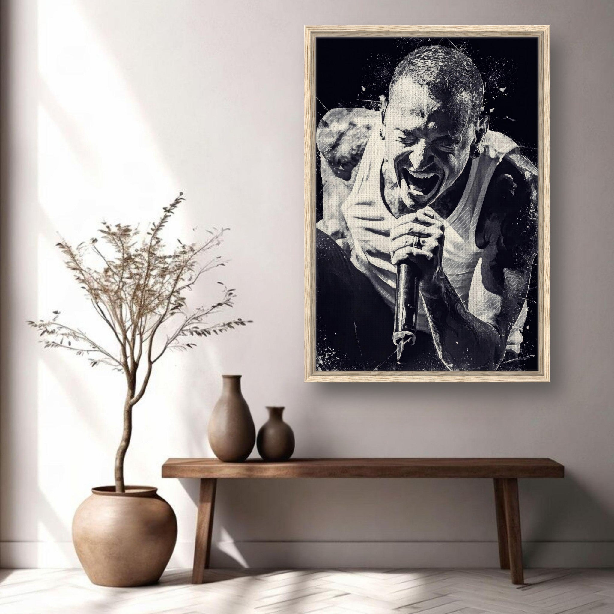 Framed canvas print of Chester Bennington, capturing the energy of a Linkin Park performance in a stylish living room setting.