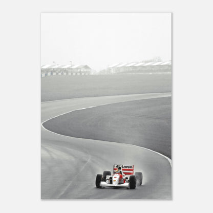 1988 Ayrton Senna McLaren MP4/4 racing on track in a sleek metal print, capturing Formula 1 history.