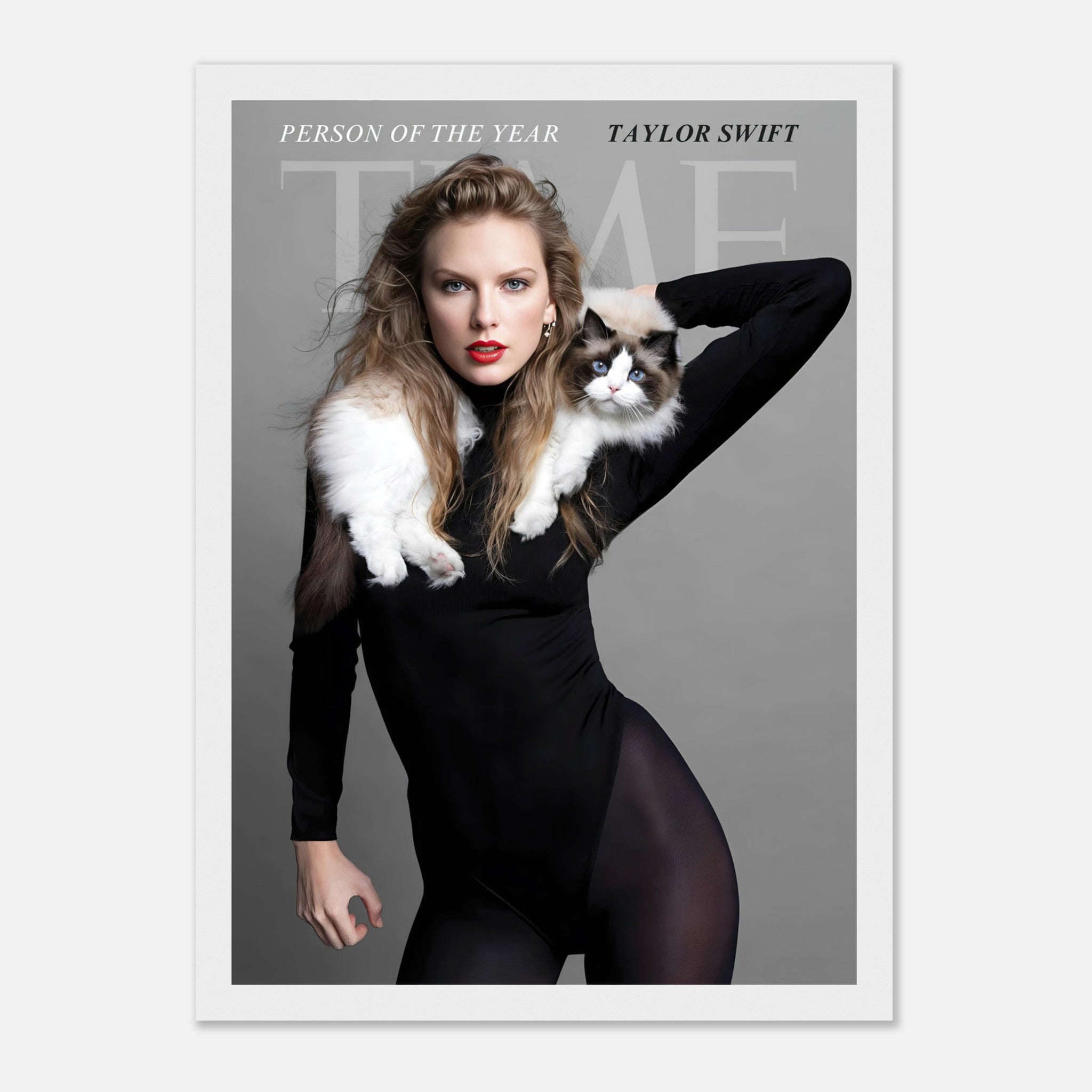 Taylor Swift Time Magazine framed print, featuring her portrait with a cat, celebrating her "Person of the Year" honor.