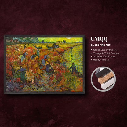 Van Gogh's The Red Vineyard Giclée print on vintage oak frame, showcasing autumn colors and artistic richness.