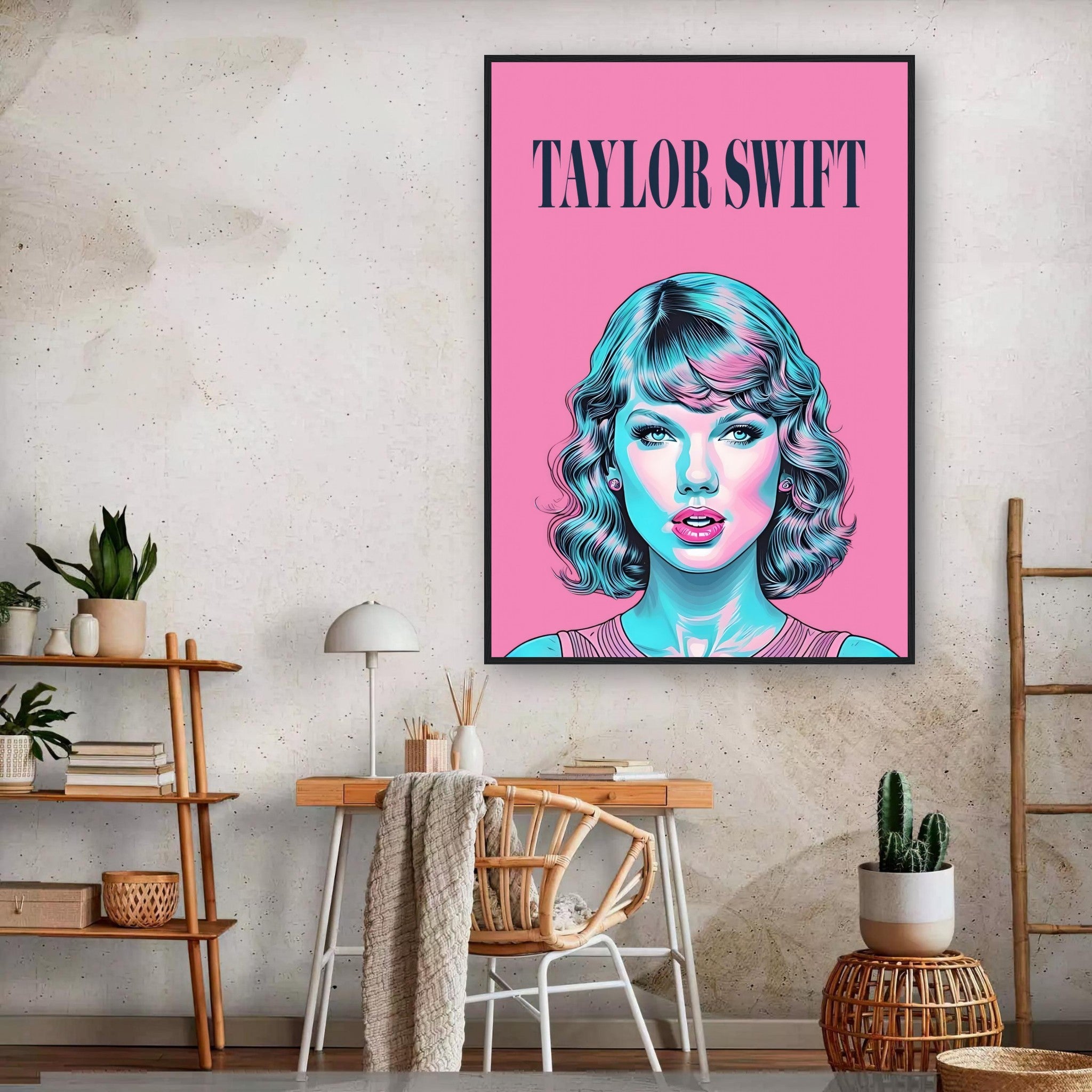 Taylor Swift pop art framed poster with vibrant pink and turquoise colors, perfect for fans and home decor.