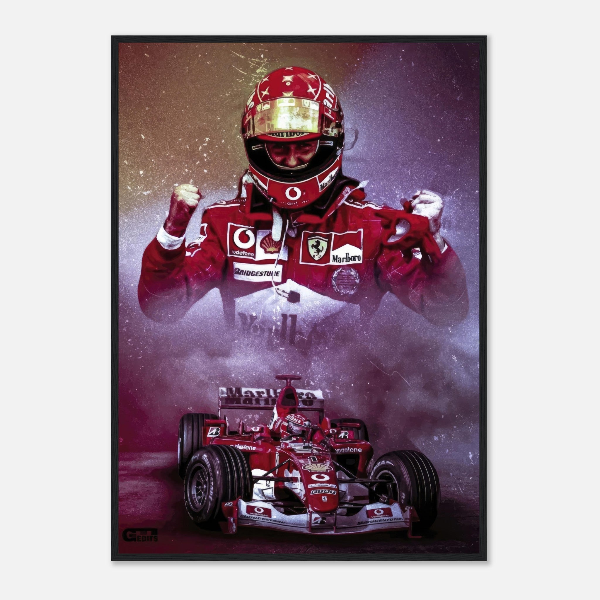 Framed print of Michael Schumacher celebrating in Ferrari F1 gear, featuring iconic race moments and vibrant colors.