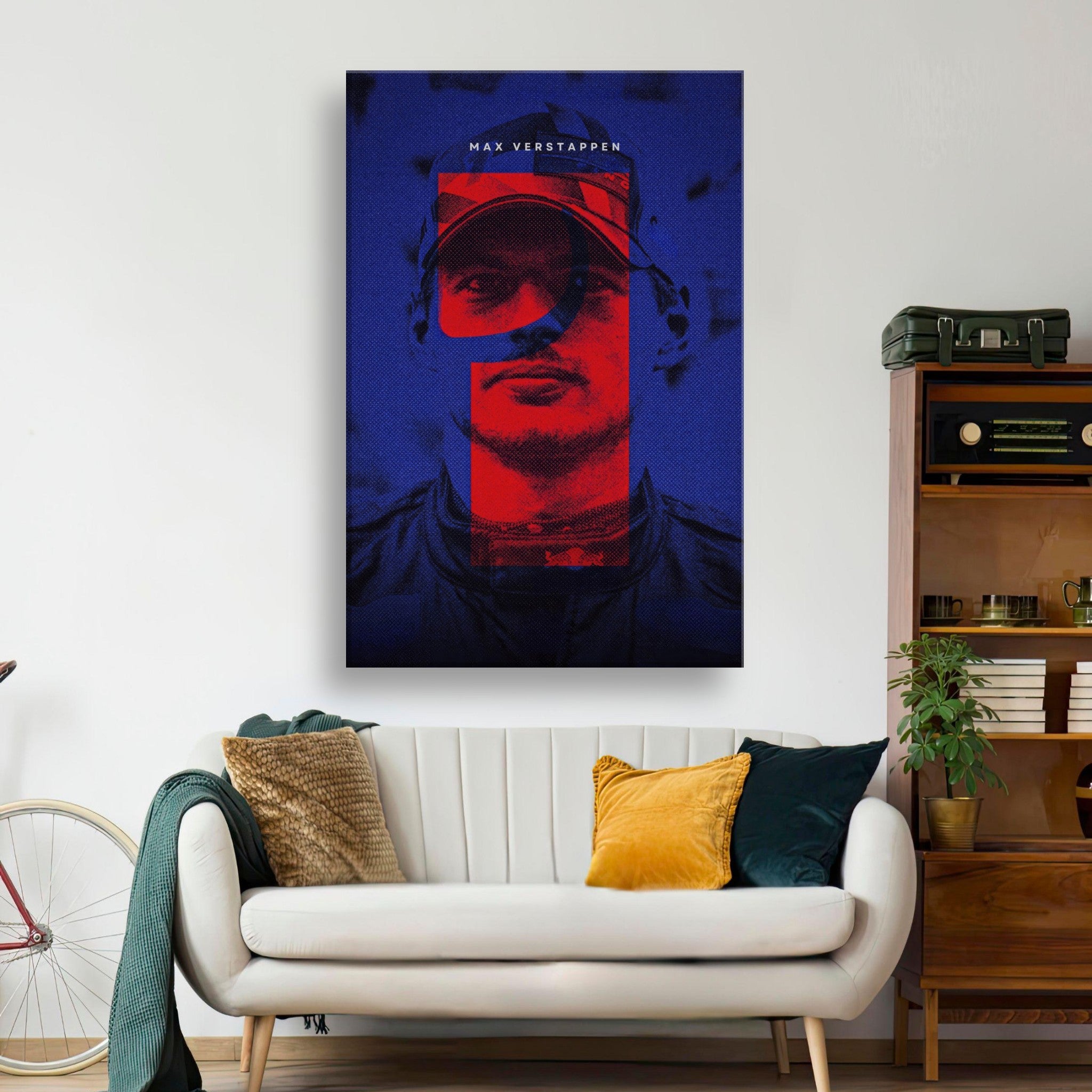 Max Verstappen canvas print with bold F1 design, adding color and energy to modern home decor.