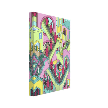 Squid Game Stairs canvas artwork featuring vibrant colors and intricate details of a surreal staircase scene.