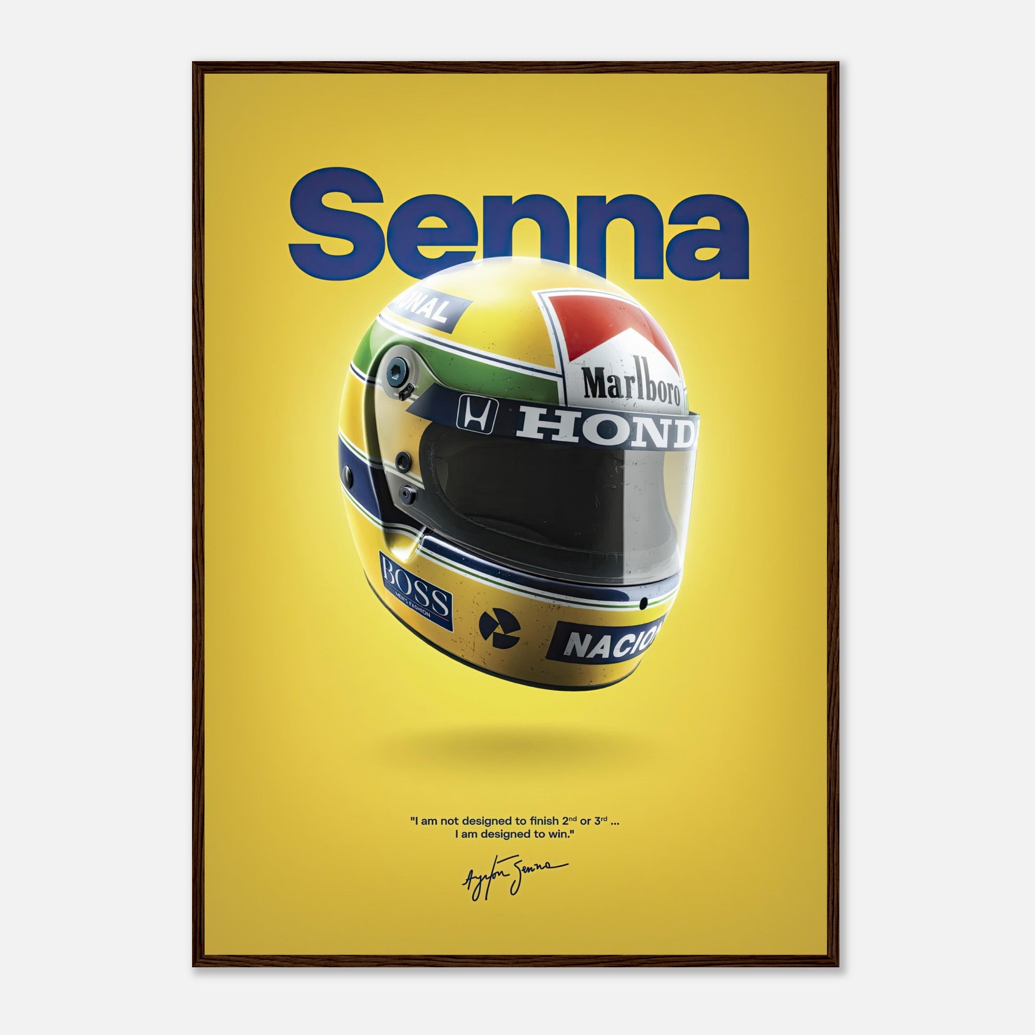 Ayrton Senna helmet framed poster featuring vibrant colors and inspirational quote against a bold yellow background.