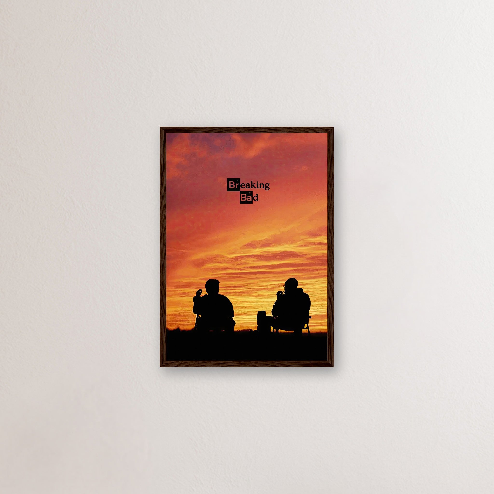 Breaking Bad framed poster featuring Walter White and Jesse Pinkman silhouetted against a vibrant sunset.