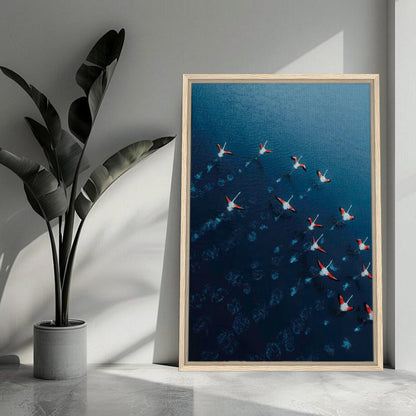 Framed canvas print of aerial drone photography featuring flamingos in flight over blue waters.