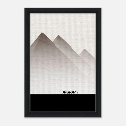 Minimalist framed canvas print of the Pyramids of Giza with earthy tones and silhouettes of camels.