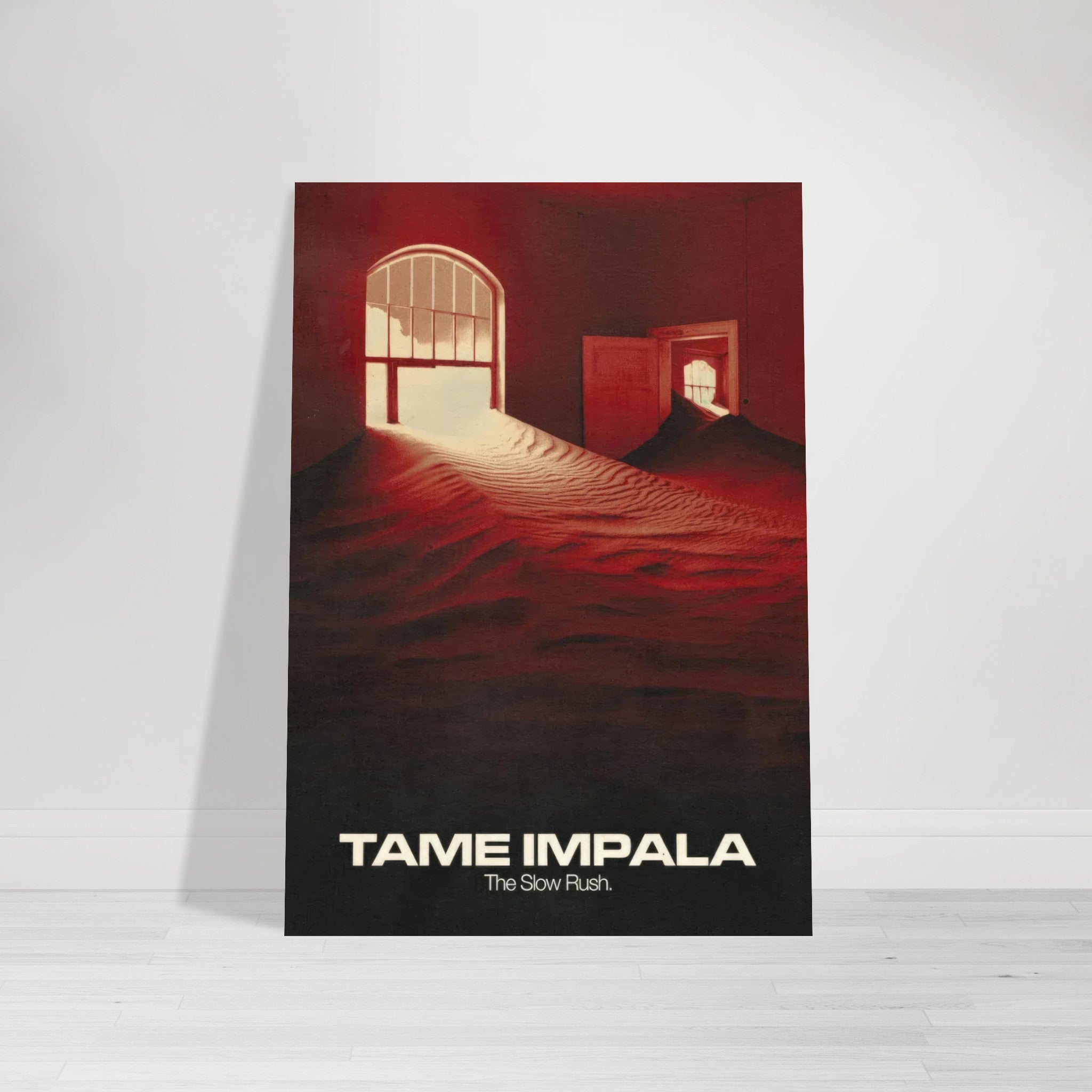 Tame Impala "The Slow Rush" poster featuring surreal artwork and warm colors for home decor.